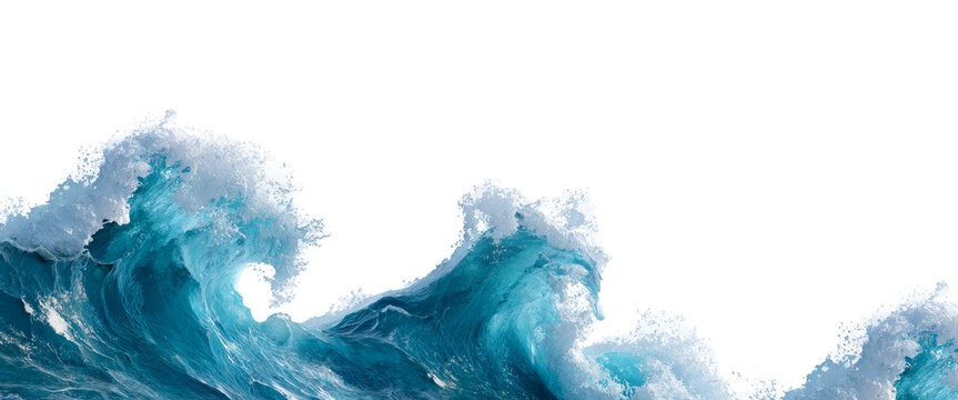 Powerful blue ocean waves crashing with white sea foam splash isolated on transparent background