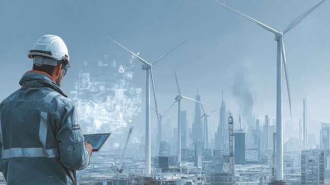 Professional engineer maintaining vertical axis wind turbines on city rooftop holographic energy icons sustainable urban power technology scene