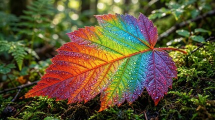 Obraz premium Vibrant rainbow leaf covered in dew on mossy forest floor