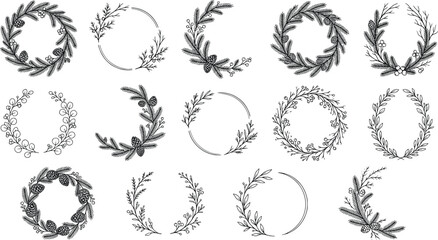Nordic-Style Botanical Christmas Wreath Line Art Vector Clipart Bundle © MdSabbir