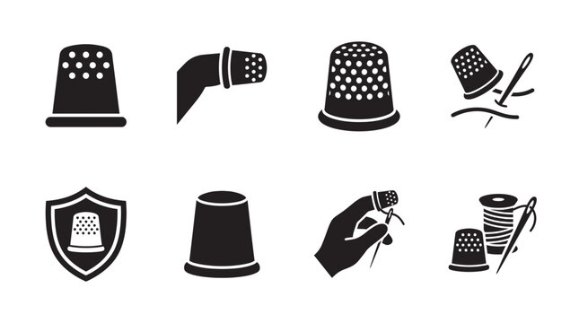 Sewing thimble and needle protection icons set featuring thimbles thread and hand silhouettes in solid black vector