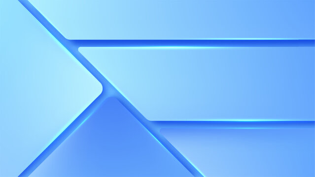 Abstract blue background with light blue futuristic geometric panels and cyan glowing neon edges, modern digital technology presentation backdrop design 3d
