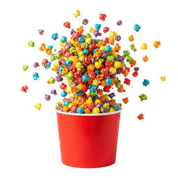 Red bucket filled with colorful rainbow popcorn isolated on transparent background