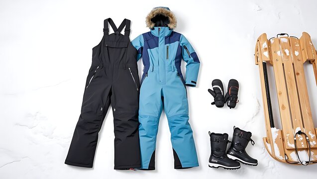 Winter clothing and a wooden sled arranged on a snowy surface for outdoor activities with Winter apparel