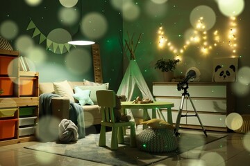 Childhood development and imagination, cozy playroom interior with teepee tent and telescope for creative learning and play in a modern home nursery © Pixel-Shot