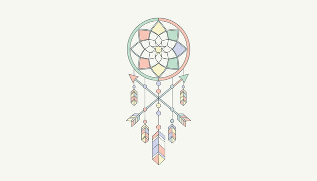 Intricate pastel colored dreamcatcher vector illustration with hanging feathers and arrows on a light beige background.