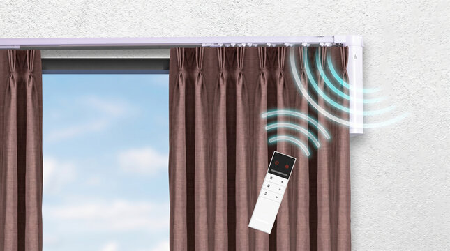 Smart curtain remote control with wifi signal icon showing its functionality, and brown curtains opening to reveal a bright blue sky outside.