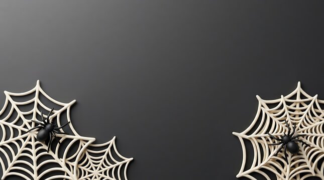 Top view of spooky white spider webs on a dark black background for halloween party decoration