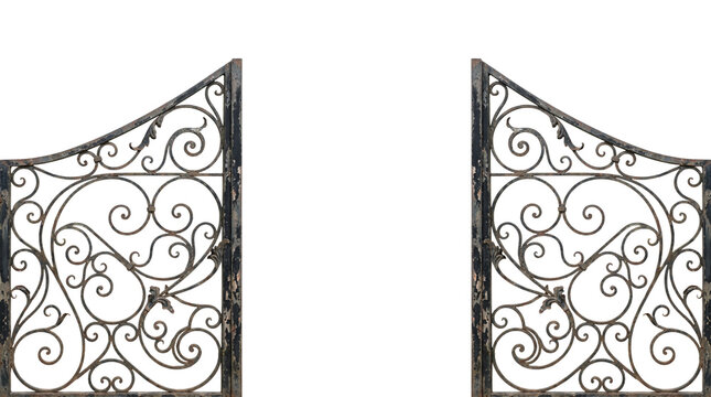 Ornate wrought iron garden gate isolated on transparent background