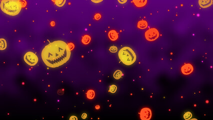 Fototapeta premium 暗闇に輝くジャックオーランタンと光粒子が広がるハロウィンの背景イラスト素材/ Halloween background with glowing Jack-o'-lanterns and light particles on dark purple