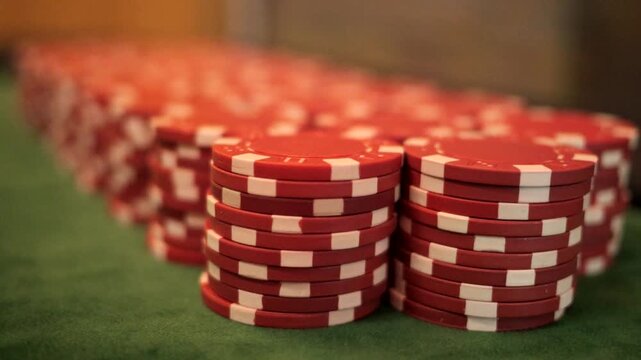Close up of multiple stacks of poker chips arranged on a green casino gaming table viewed from the left side
