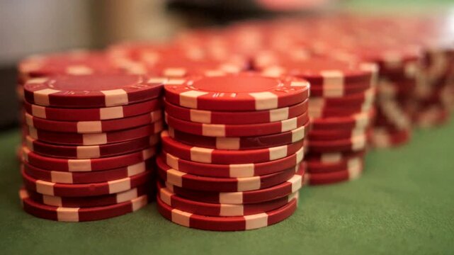 Close up of stacked poker chips arranged on a green casino gaming table during a themed casino event