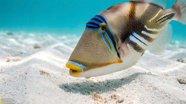 Picasso triggerfish swimming over white sand seabed in sunny reef