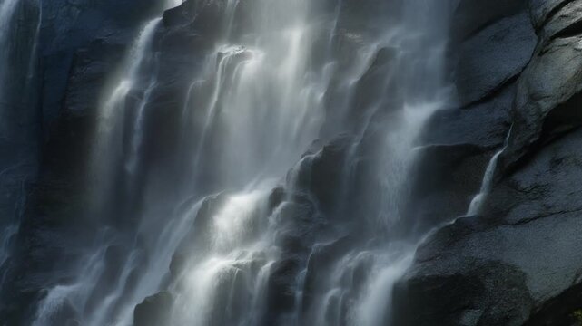 Yosemite falls flowing over dark granite cliff face