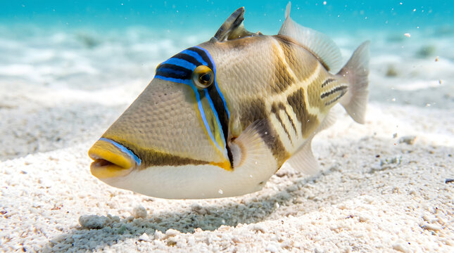 Picasso triggerfish with colorful face pattern swimming over sand