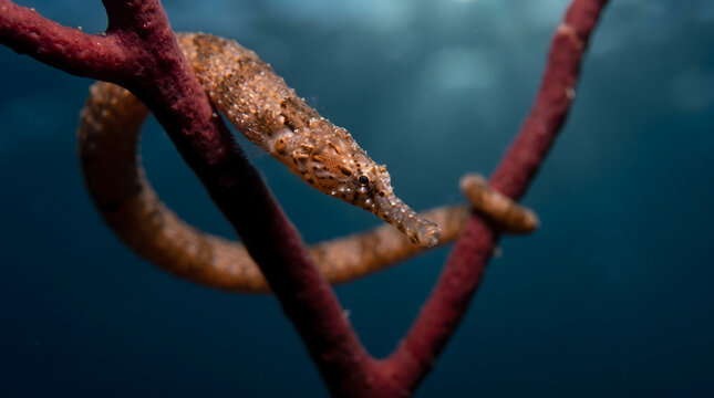 Pipefish wrapped around red sea whip coral underwater