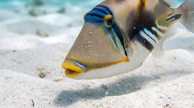 Picasso triggerfish foraging on sandy substrate near tropical reef