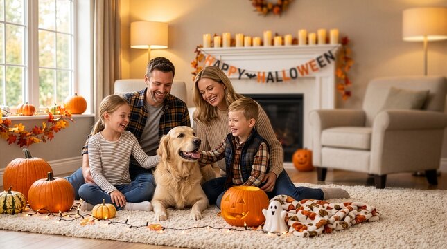 Cozy Halloween Family Gathering: A happy family, including parents, two children, and their golden retriever.
