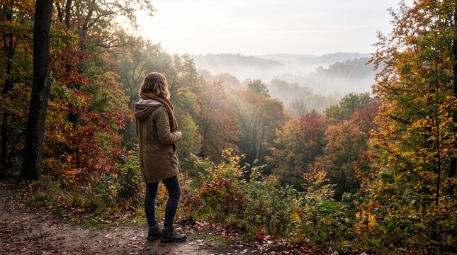 Autumnal Serenity: A solitary woman stands on a path overlooking a misty valley ablaze with the vibrant colors of autumn foliage, embracing the tranquil beauty of the season.