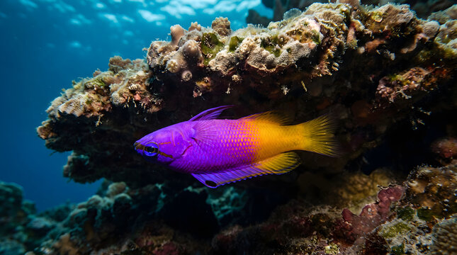 Bi-color royal gramma fish hovering upside down near reef overhang
