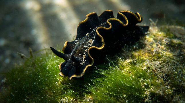 Gold edged black sea slug crawling on sunlit reef rock
