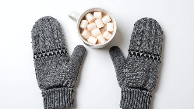 Pair of gray knit mittens placed beside a white mug filled with hot cocoa marshmallows with mittens decorative pattern