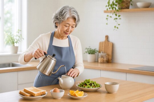 朝のキッチンで朝食とお茶を準備する日本人シニア女性