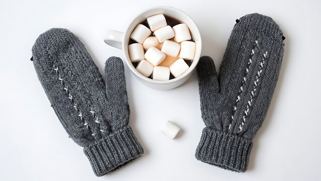 A pair of grey knitted mittens placed beside a cup of hot cocoa with marshmallows with several white marshmallows filled hot chocolate
