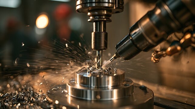 Machining Close-Up extreme close-up of CNC machining center cutting aerospace-grade titanium component, tungsten carbide cutting tool engaged at precise angle, brilliant silver metal chips flying 