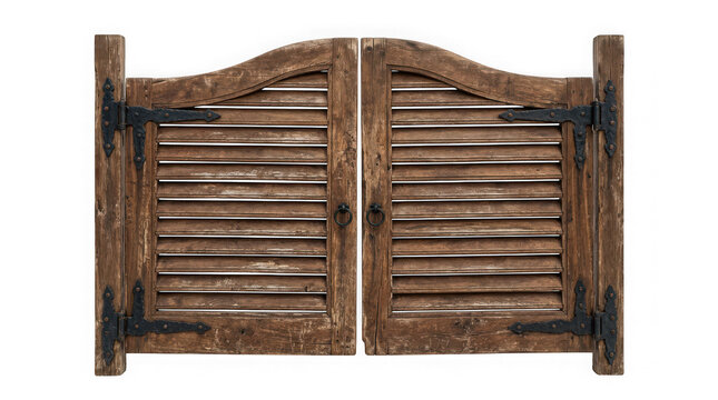 Rustic wooden swinging saloon doors with black iron hinges isolated on transparent background