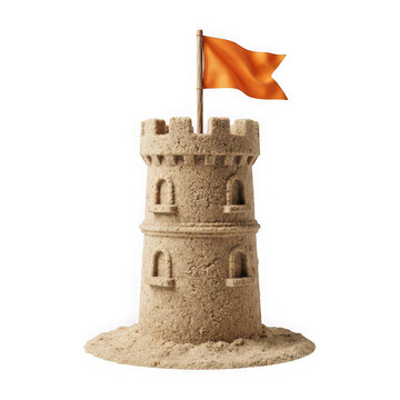 Sandcastle with an orange flag on top isolated on transparent background