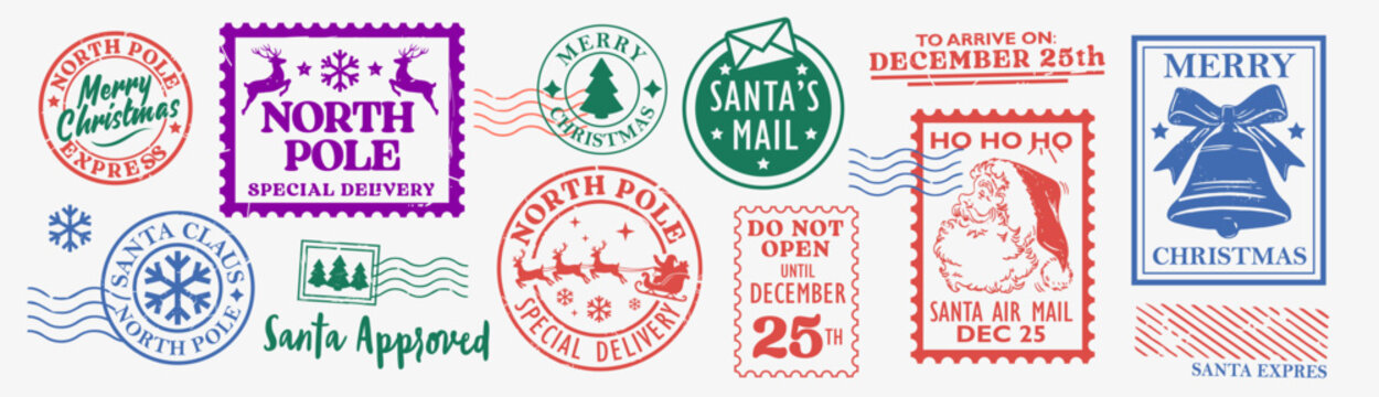 Vintage Christmas postage collection featuring Santa Claus, North Pole stamps, Santa Mail, reindeer, Christmas bells and holiday postal marks. Retro designs for cards, stationery and packaging.