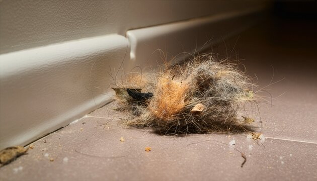 Clumps of dog and cat hair accumulated along the corner where a tiled floor meets a wall.