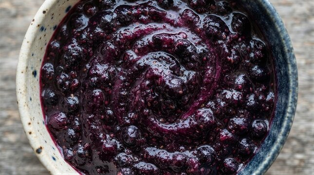 Blueberry jam swirl in ceramic bowl on wooden surface