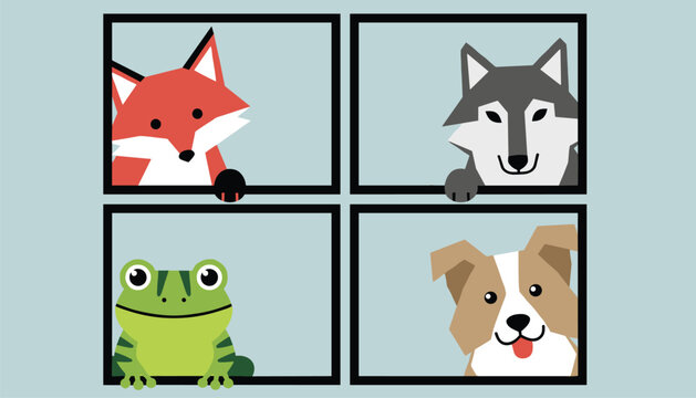 Cute cartoon animal group featuring a red fox, a gray wolf, a green frog, and a brown dog looking out of window frames.