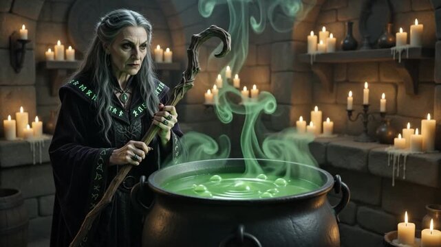 Scary Halloween Witch Brewing Green Potion in Haunted Forest Night, 4K