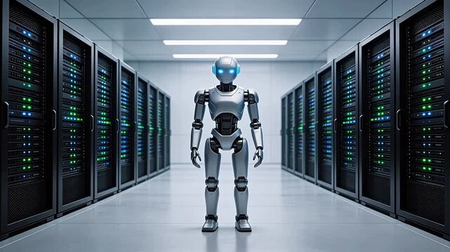 Robot in server room with data racks
