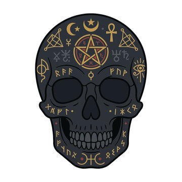 Skull with Occult Symbols and Pentagram Design.