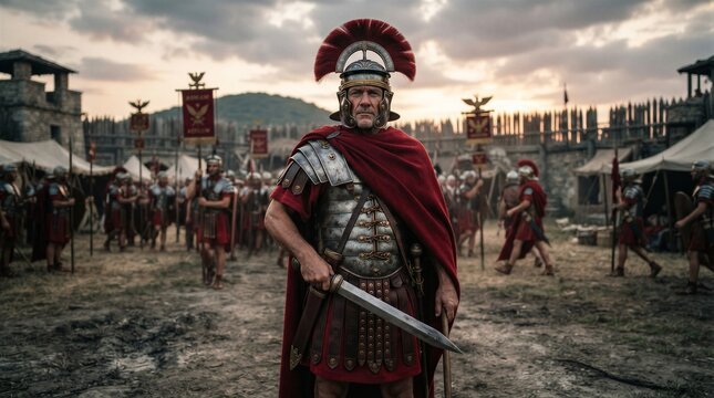 Roman centurion standing before military camp at dusk