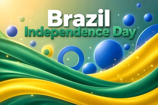 Brazil Independence Day modern bold white and green typography on a dynamic Brazilian-themed background, flowing green and yellow ribbons, blue circular elements inspired by the national flag