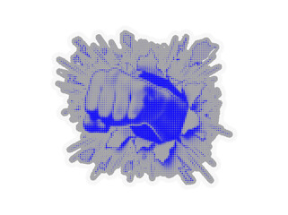 Fototapeta premium Blue fist punching through a wall surface representing strength power impact and aggression as a dynamic graphic icon for sports design and digital projects halftone sticker