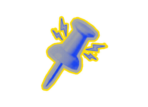 Blue push pin icon with yellow outline and halftone pattern effect for digital office tools and creative design projects representing important location markers halftone sticker