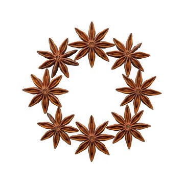 Star anise spices arranged in a circle pattern isolated on transparent background