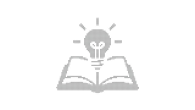 Creative concept icon featuring glowing light bulb floating above open book isolated on dotted pattern background design.