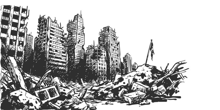 Black and white hand drawn sketch of a ruined city with destroyed buildings and rubble after a major disaster