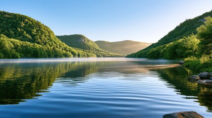 Fototapeta premium Serene Lake Surrounded by Lush Green Mountains Under a Clear Blue Sky at Dawn with Soft Ripples Reflecting on Water Surface