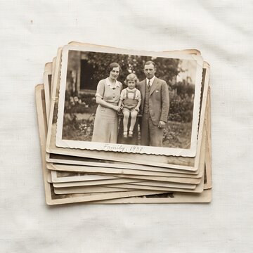 Stack of vintage family photographs showing a couple and child.