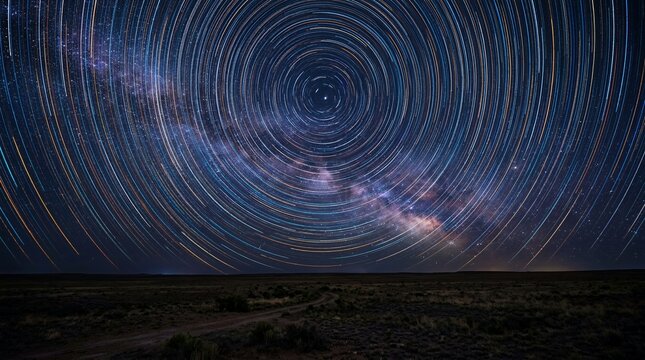 Star trails over a dark landscape showing the Milky Way galaxy.
