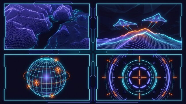 Quad screen 2x2 tactical mission interface displaying 3d coastal archipelago elevation wireframe mesh with drone swarm formation flight paths and concentric radar target acquisition display