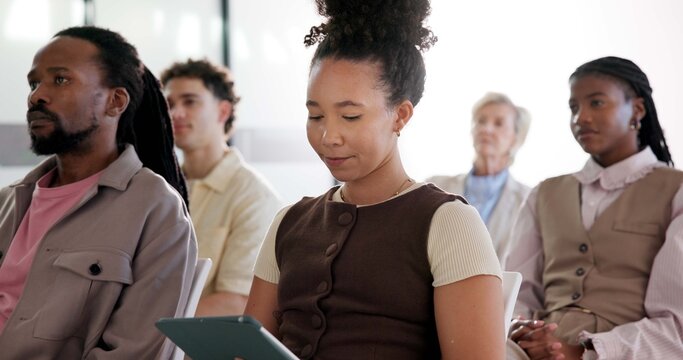 Tablet, audience and woman at convention for training, digital notes and upskill in company workshop. Tech, seminar crowd and person reading for learning, career development and industry knowledge